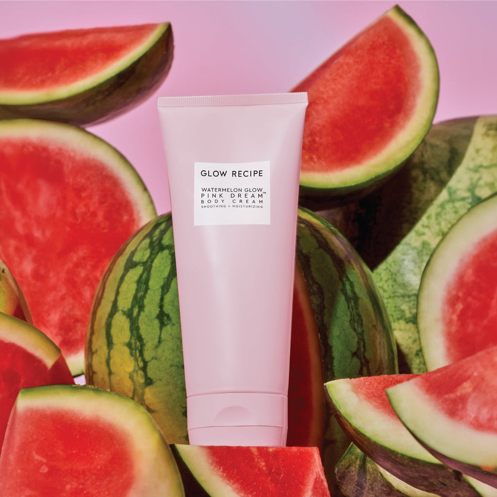 Glow Recipe skincare product with watermelon slices on a pink background
