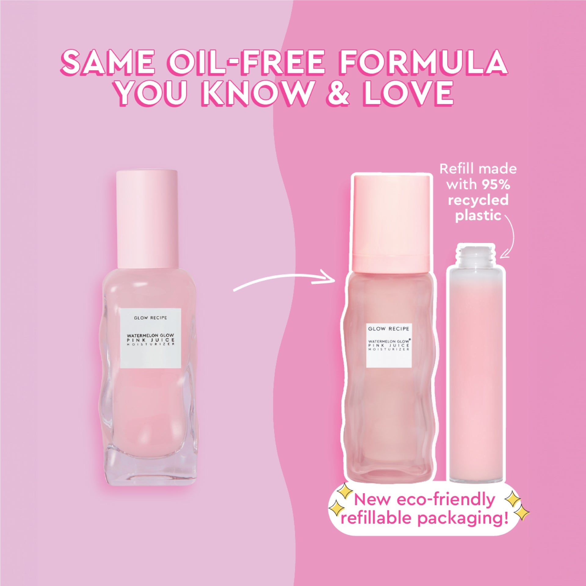 Side-angle view of the Watermelon Glow Pink Juice Moisturizer Refill Pod (50ml) showing its slim cartridge shape.
