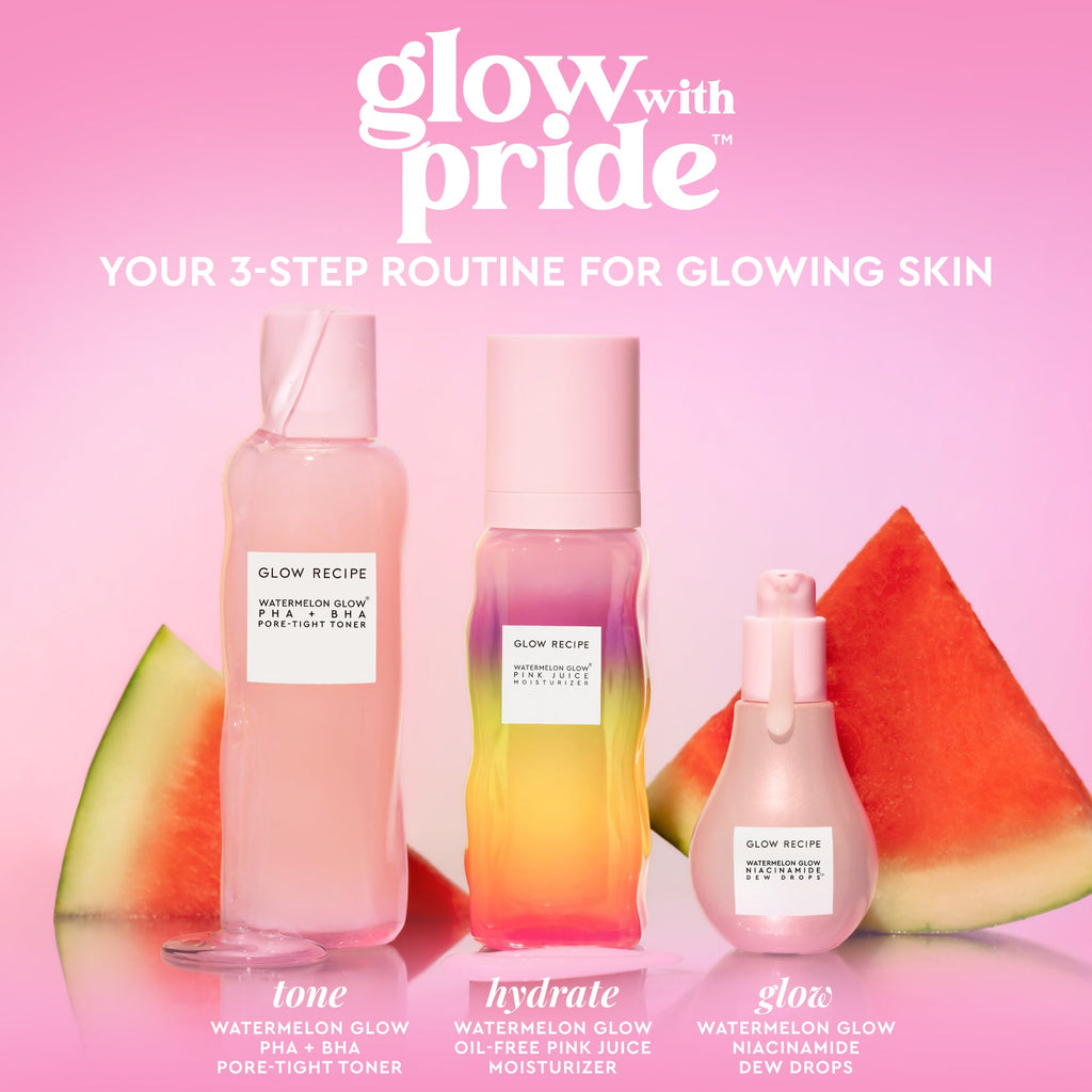 “Glow With Pride” campaign graphic featuring the Pride Full-Size (50ml) Watermelon Glow Pink Juice Moisturizer jar.