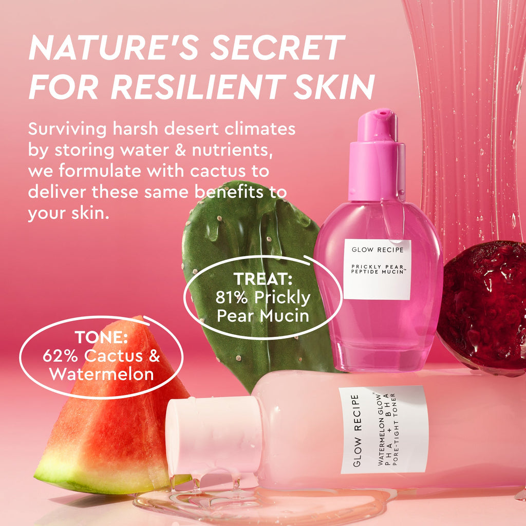 Glow Recipe Prickly Pear Peptide Mucin infographic summarizing the serum's skin barrier and hydration benefits.