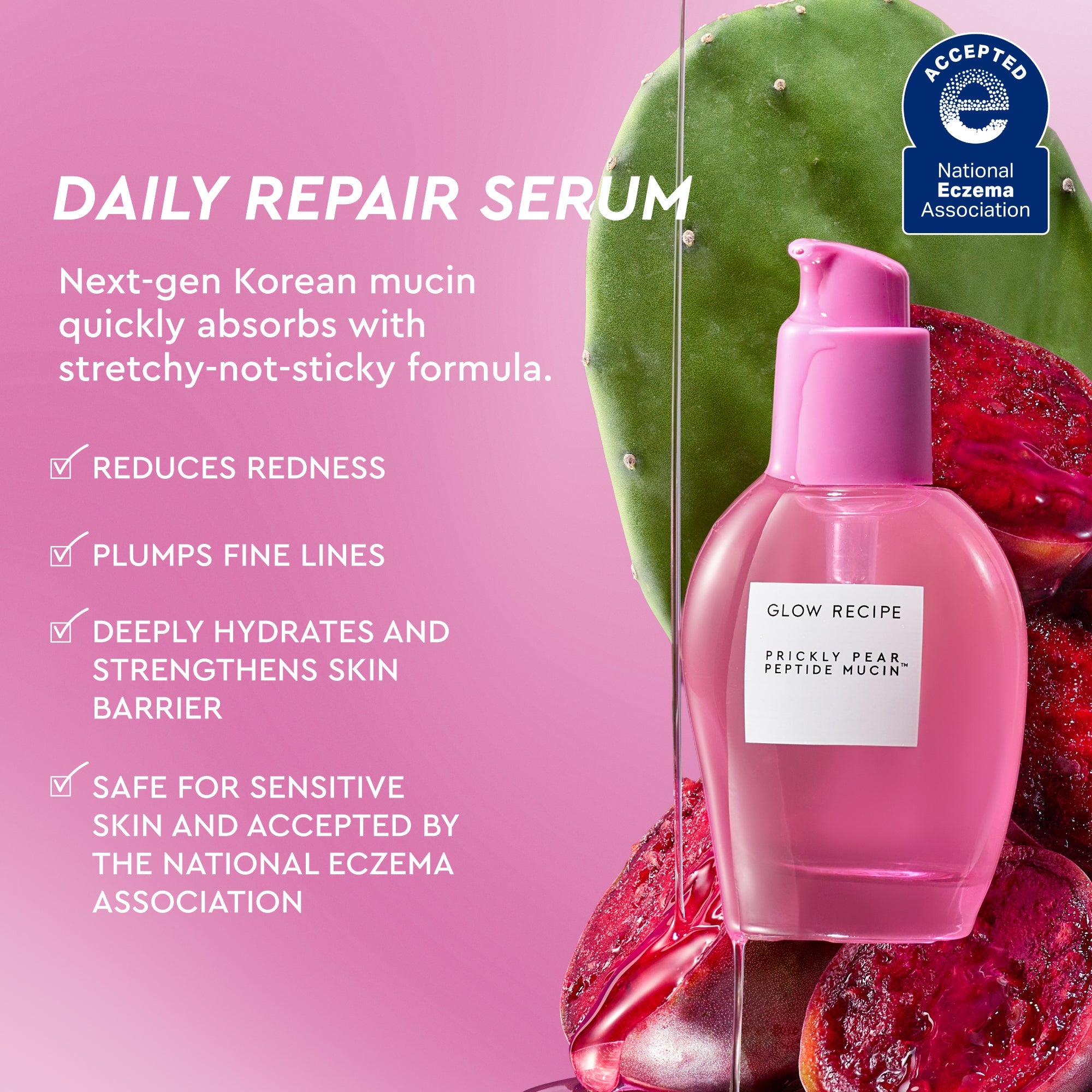 Glow Recipe Prickly Pear Peptide Mucin infographic introducing this vegan, cactus-powered alternative to snail mucin serum.
