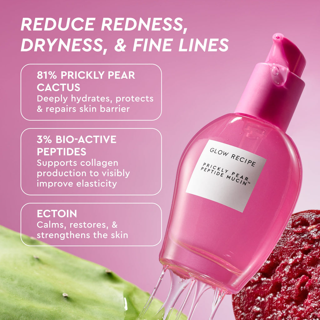 Glow Recipe Prickly Pear Peptide Mucin infographic showing how the serum locks in deep, lasting hydration.