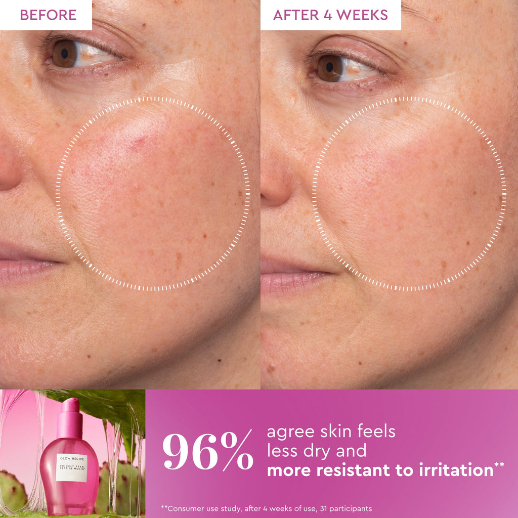 Glow Recipe Prickly Pear Peptide Mucin infographic explaining the recommended AM and PM application routine.