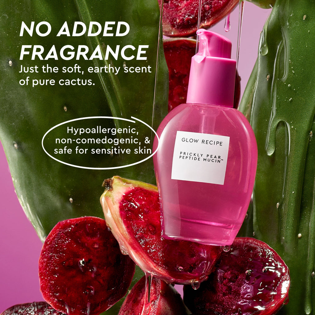 Glow Recipe Prickly Pear Peptide Mucin infographic noting the fragrance-free formula's natural, earthy cactus scent.