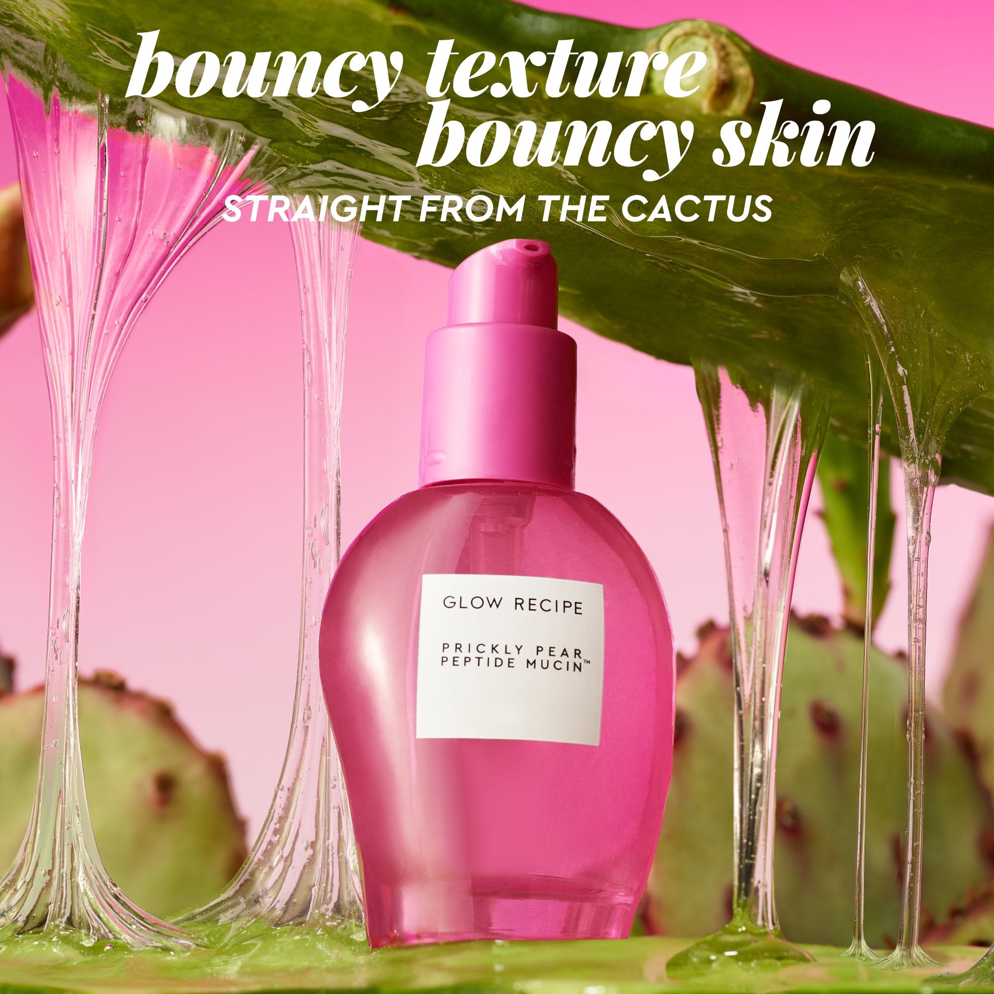 Glow Recipe Prickly Pear Peptide Mucin campaign visual showcasing the vegan, cactus-powered serum bottle.