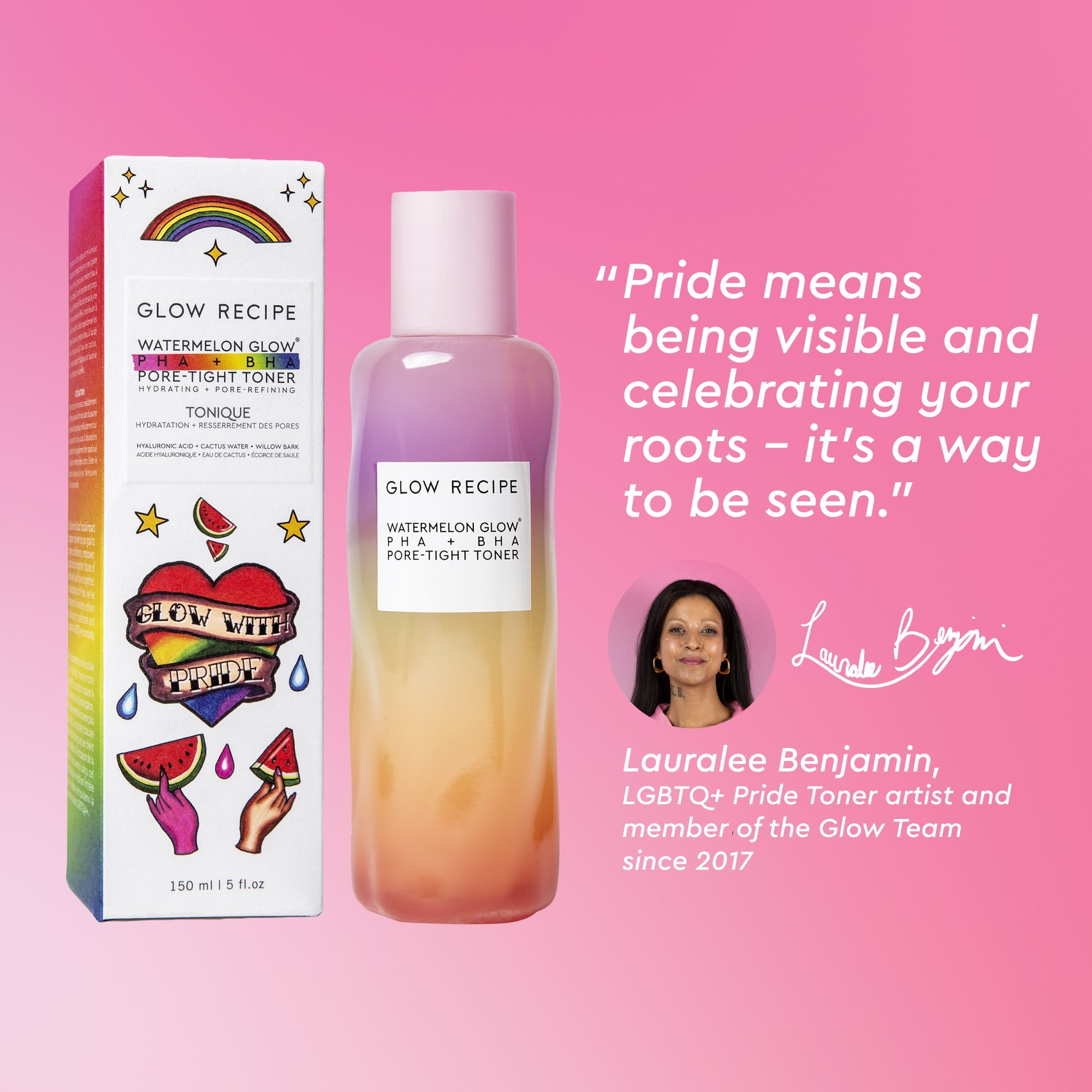 Second Pride Full-Size (150ml) infographic slide detailing how the PHA+BHA blend hydrates while refining pores.