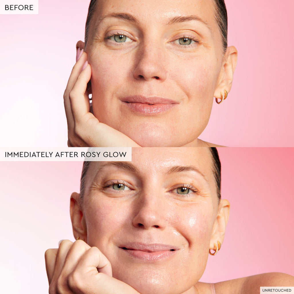 Before-and-after of Rosy Glow shade Watermelon Glow Niacinamide Hue Drops, revealing a soft, illuminating flush.