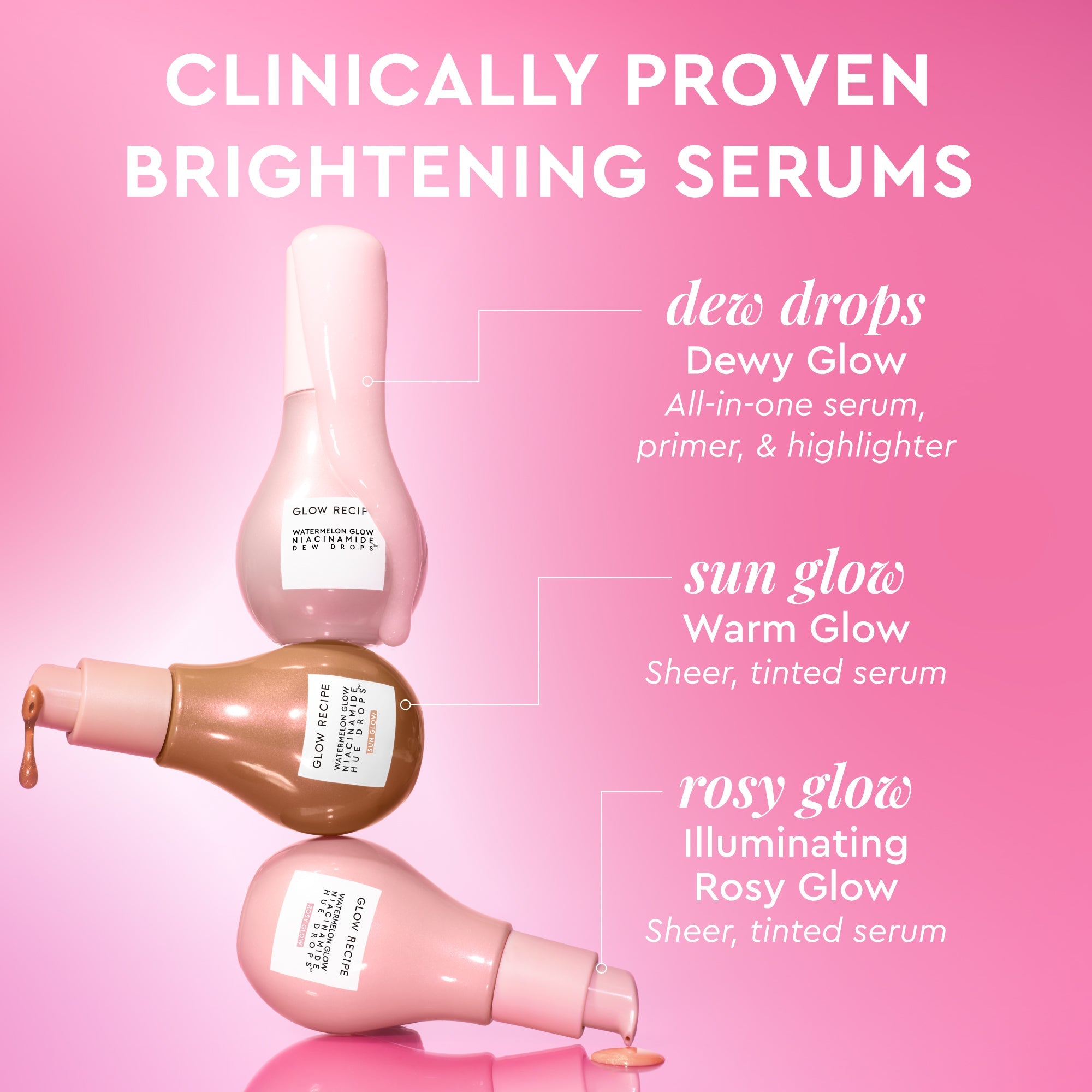 Infographic explaining the brightening, hydrating benefits of Watermelon Glow Niacinamide Hue Drops in both shades.