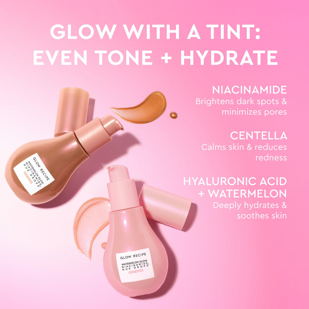 Infographic comparing the two Watermelon Glow Niacinamide Hue Drops shades: warm Sun Glow and soft pink Rosy Glow.