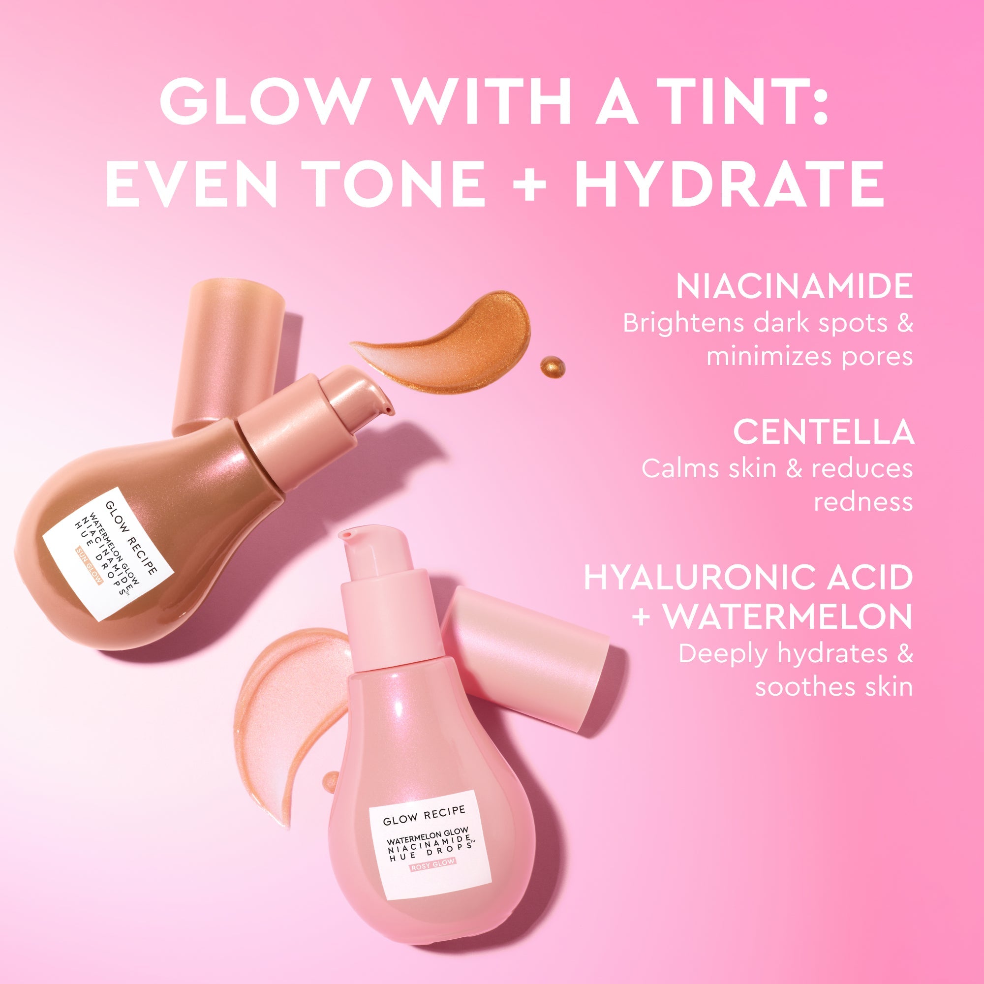 Infographic comparing the two Watermelon Glow Niacinamide Hue Drops shades: warm Sun Glow and soft pink Rosy Glow.