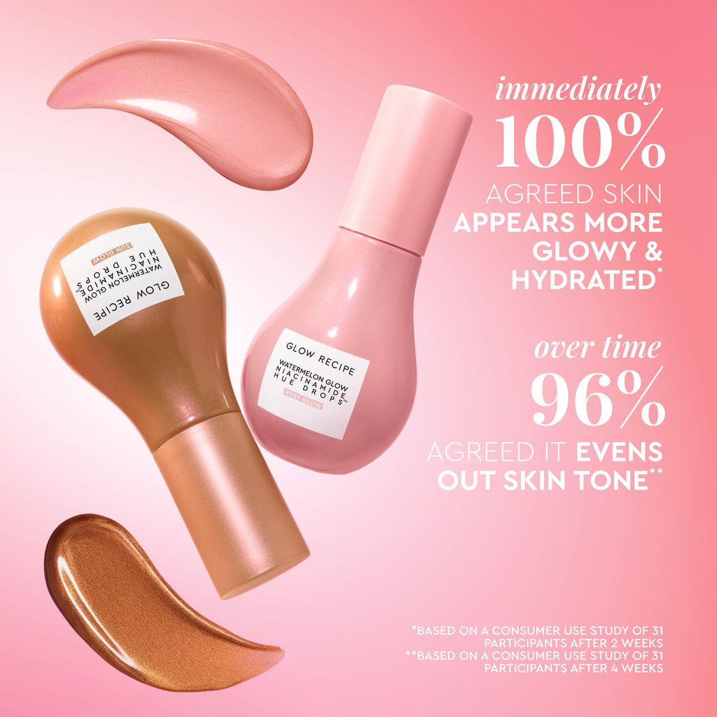 Infographic highlighting the brightening and hydrating benefits of Watermelon Glow Niacinamide Hue Drops.