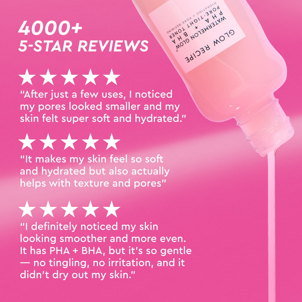 Product bottle with customer 5-star reviews on a pink background