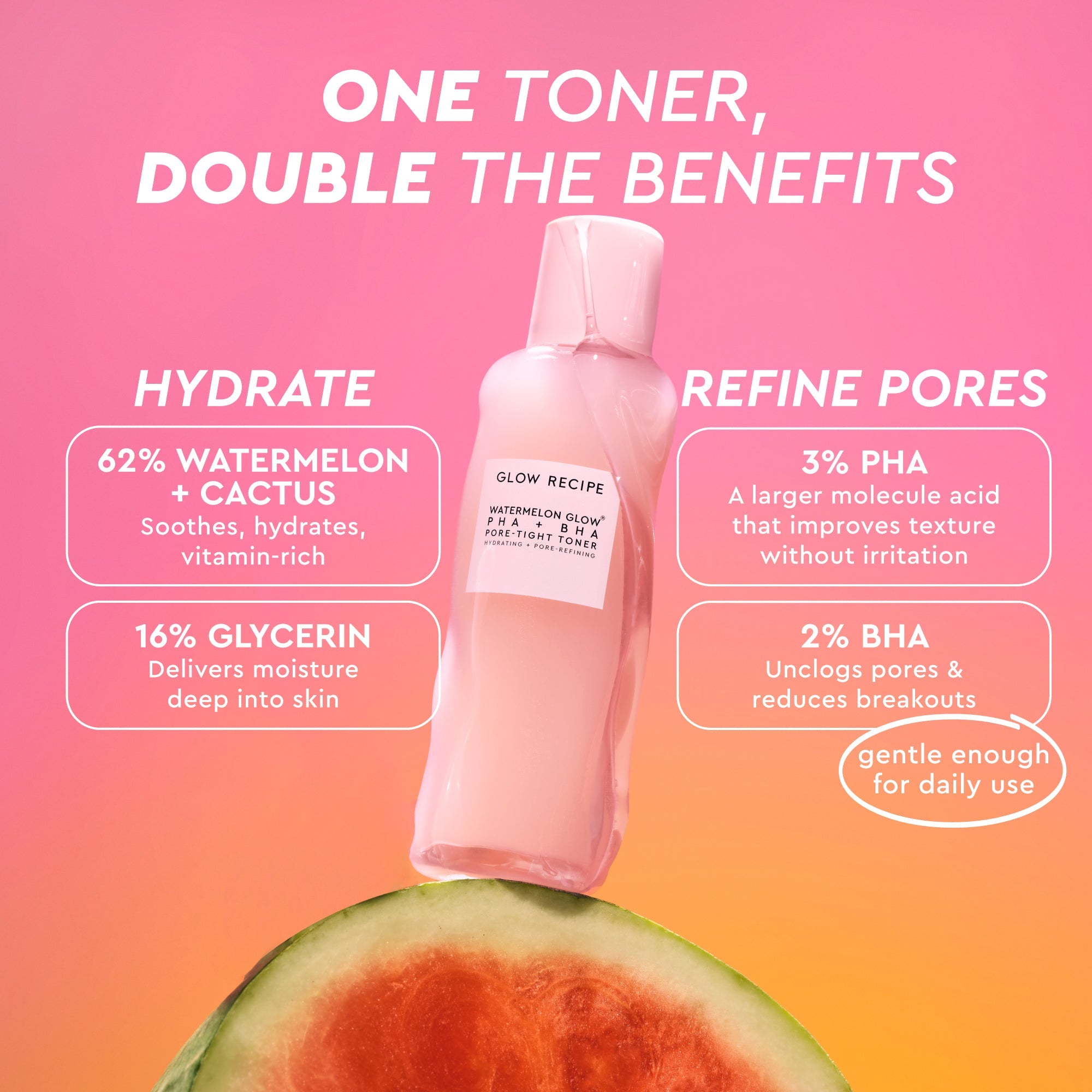 Glow Recipe Glass Skin Roll Bag Kit infographic listing pore-tightening benefits of the Watermelon Glow toner