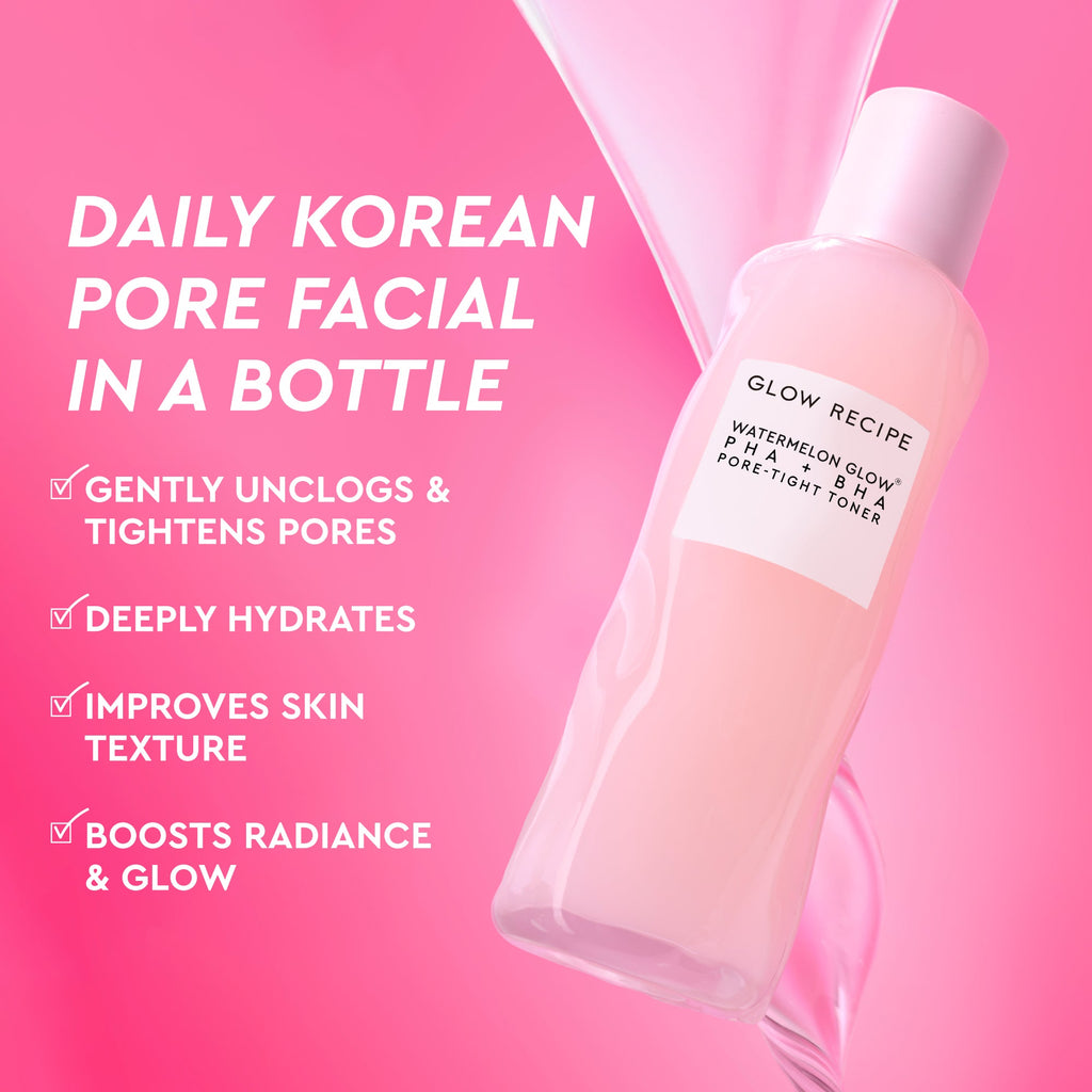 Glow Recipe Glass Skin Roll Bag Kit campaign infographic featuring the Watermelon Glow PHA + BHA Pore-Tight Toner