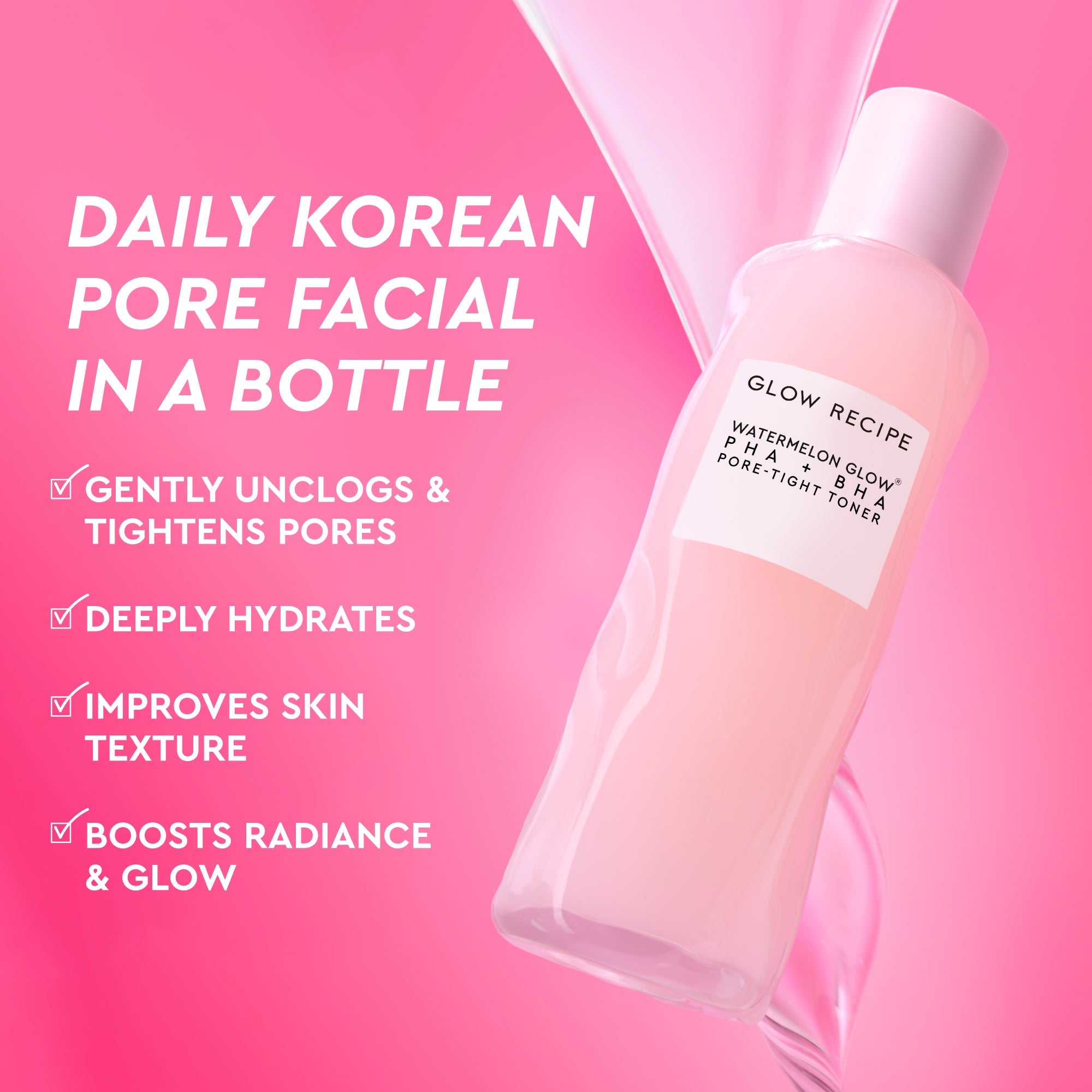 Glow Recipe Glass Skin Roll Bag Kit campaign infographic featuring the Watermelon Glow PHA + BHA Pore-Tight Toner