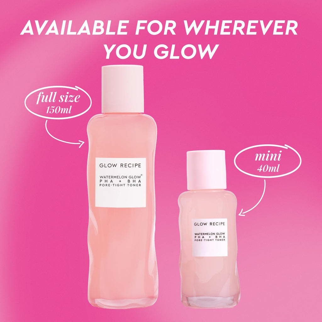 Two bottles of Glow Recipe skincare product on a pink background with text indicating size and availability.
