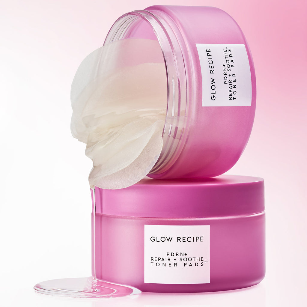 Close-up of an open Glow Recipe PDRN+ Toner Pads jar revealing the stacked, fully saturated pads inside.