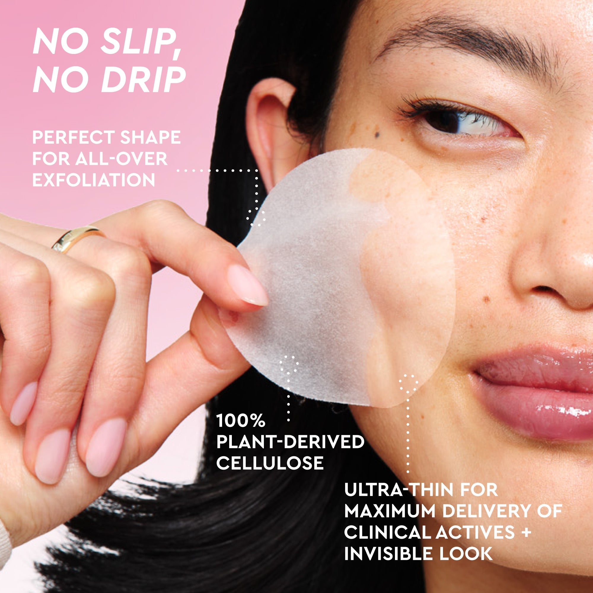 Infographic slide summarizing the toner pads' fragrance-free, vegan, and cruelty-free formulation claims.