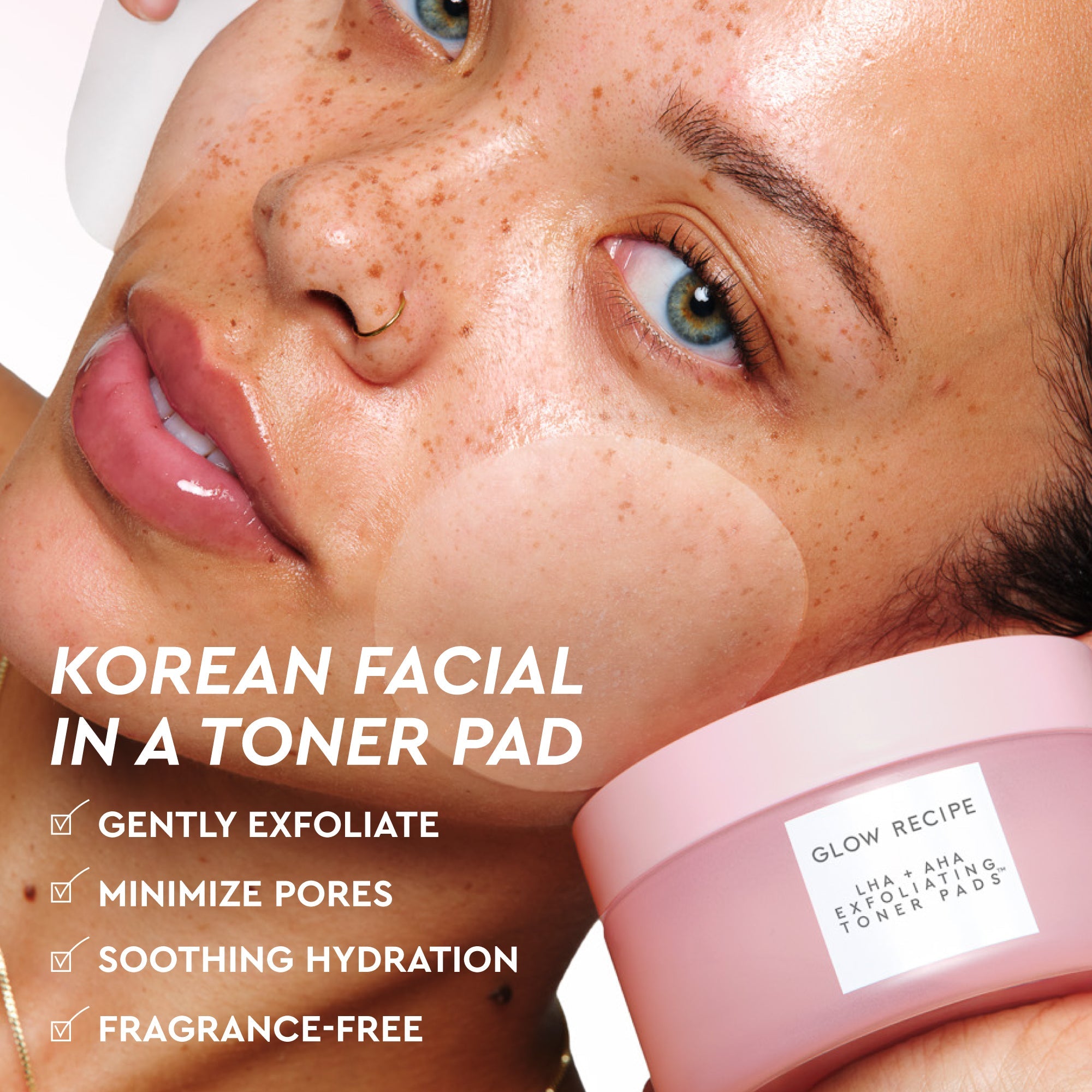 Glow Recipe LHA + AHA Korean Toner Pads infographic introducing the 5-acid blend that decongests pores and smooths texture.