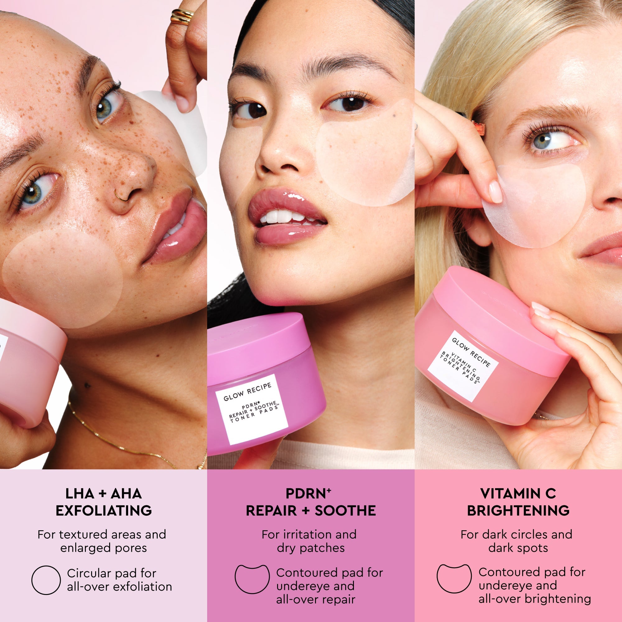 Glow Recipe Korean Toner Pad Trial Set infographic on LHA + AHA Watermelon pads that gently exfoliate and refine pores