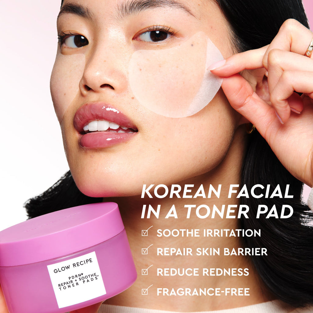 Glow Recipe Korean Toner Pad Trial & Travel Kit infographic introducing the PDRN+ Repair + Soothe Toner Pad sachets.