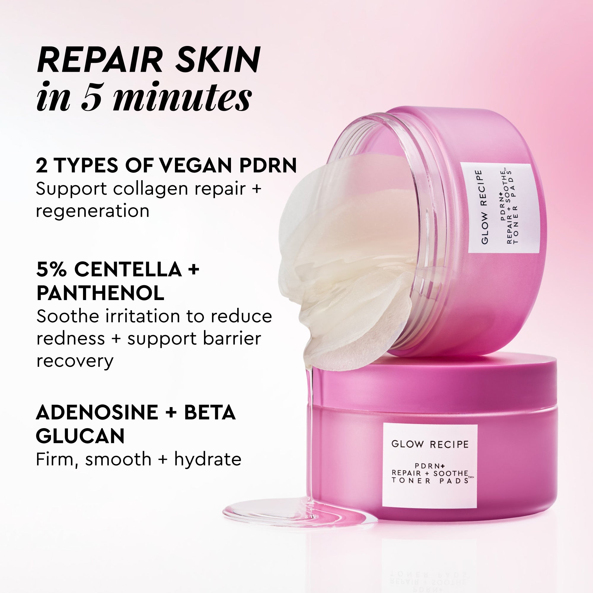 Infographic detailing the Adenosine, Centella Asiatica, and Beta Glucan blend that calms redness in sensitive skin.