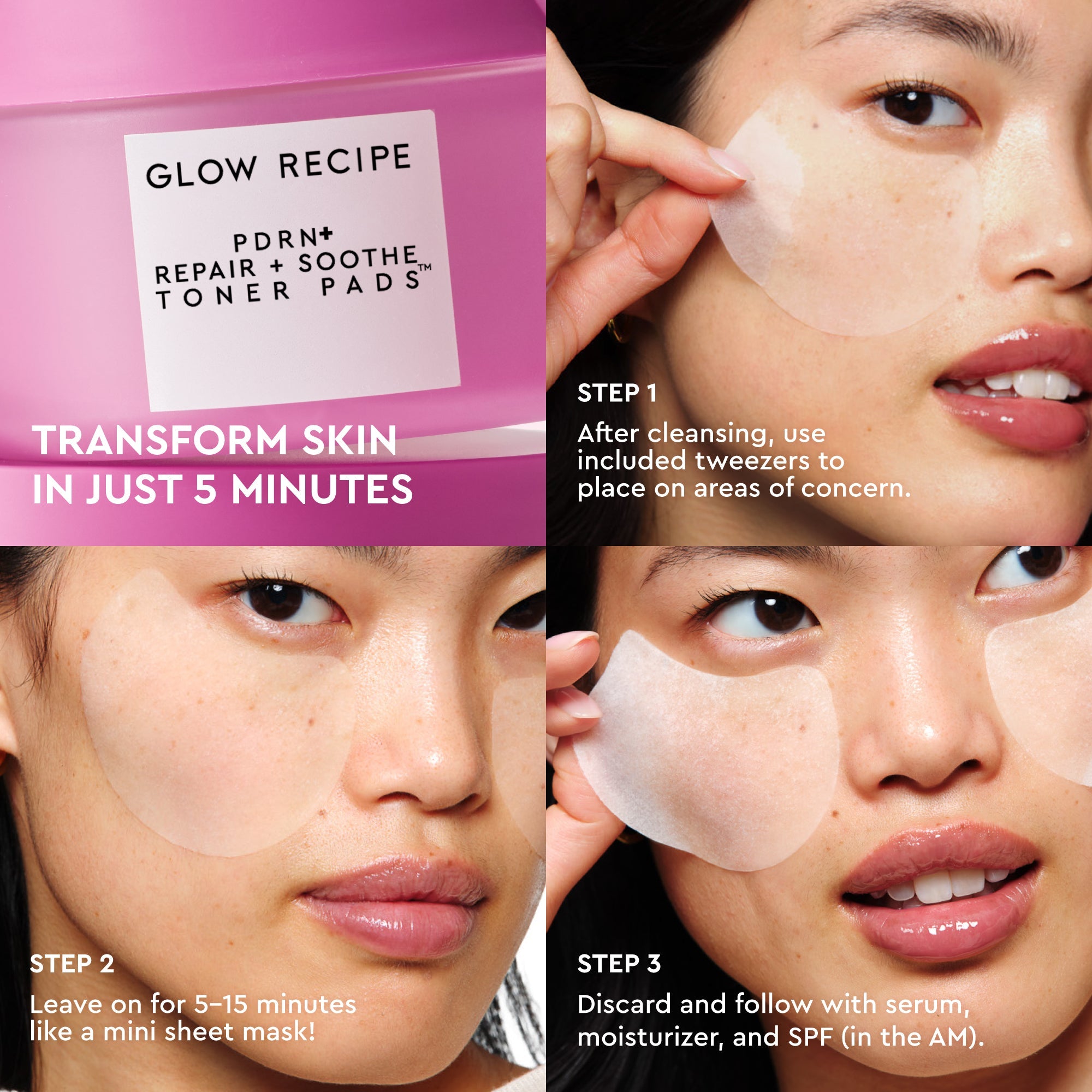 Infographic explaining how to swipe the toner pad across cleansed skin for a 5-minute at-home facial treatment.