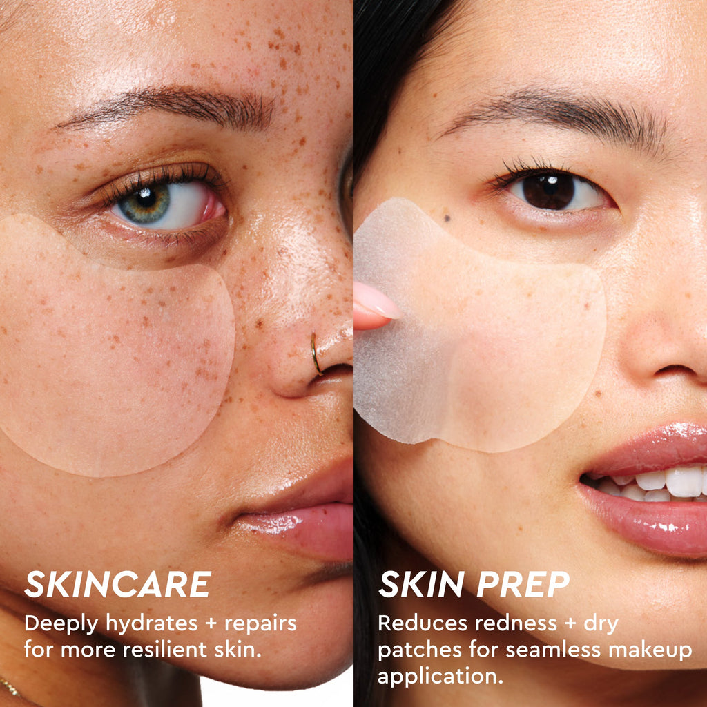 Infographic comparing skin before and after use, showing visibly reduced redness and a smoother, more resilient texture.