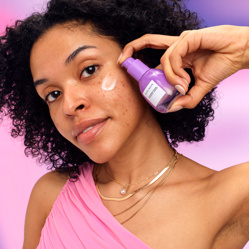 Glow Recipe Blackberry Retinol Blemish Serum bottle detail highlighting its gentle formula suited for ages 20 and up.