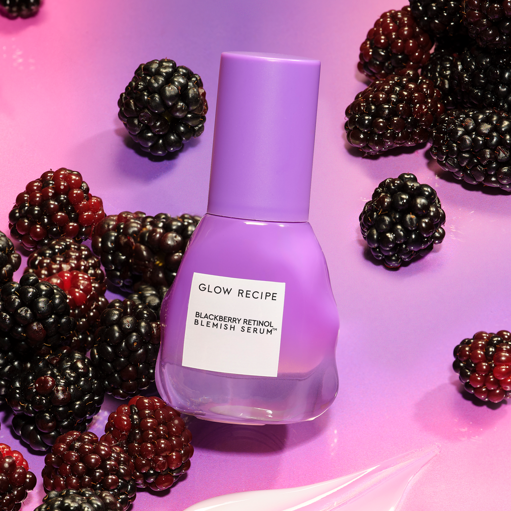 Glow Recipe Blackberry Retinol Blemish Serum packaging shown alongside its ultra-hydrating, nourishing ingredient extracts.