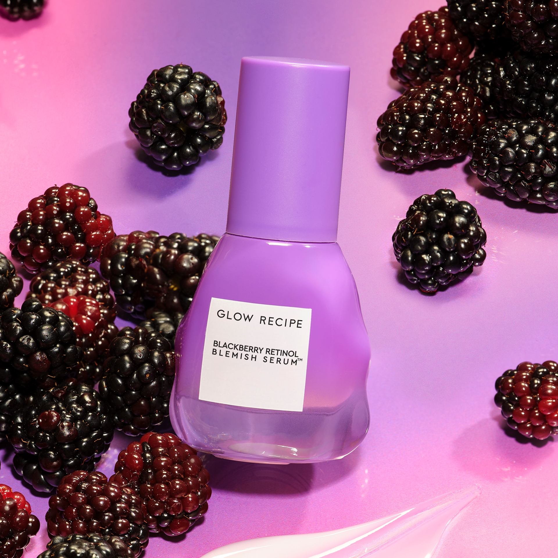 Glow Recipe Blackberry Retinol Blemish Serum packaging shown alongside its ultra-hydrating, nourishing ingredient extracts.