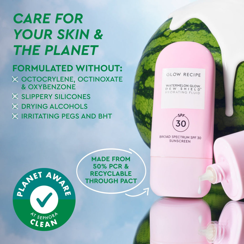 Infographic noting that Watermelon Glow Dew Shield SPF 30 is formulated clean and with planet-aware ingredients.
