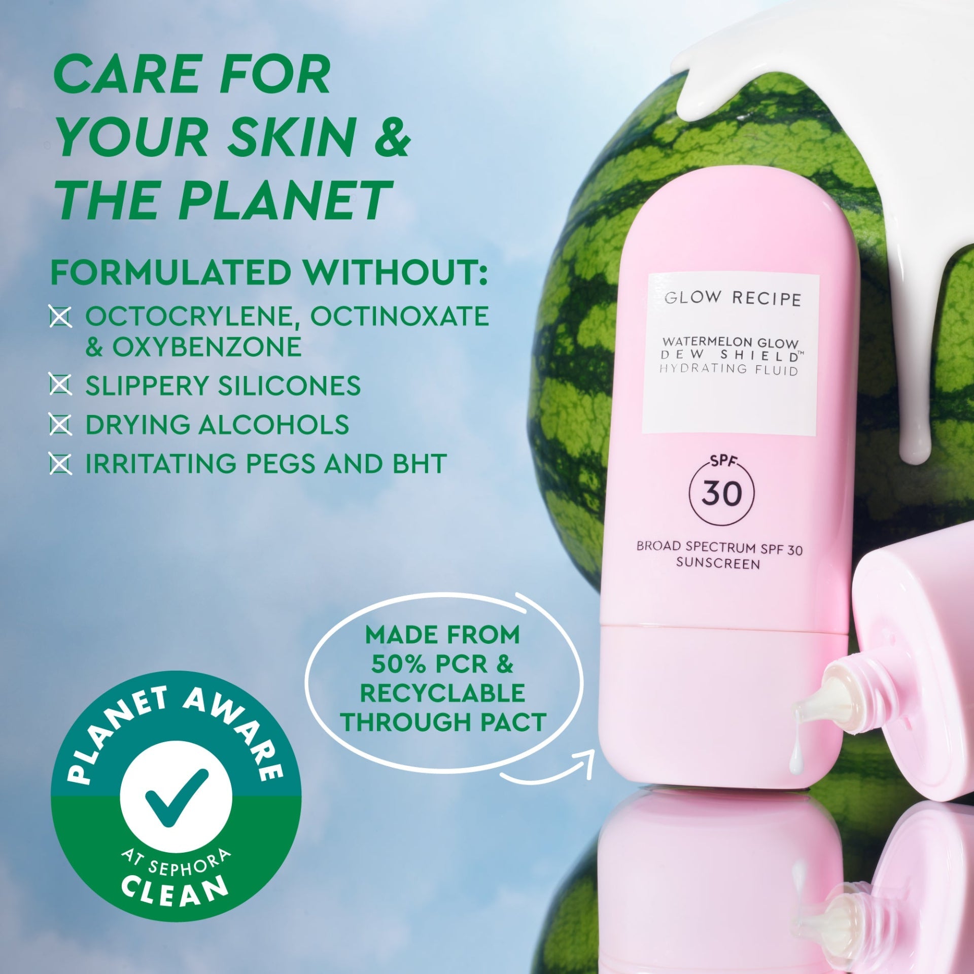 Infographic noting that Watermelon Glow Dew Shield SPF 30 is formulated clean and with planet-aware ingredients.