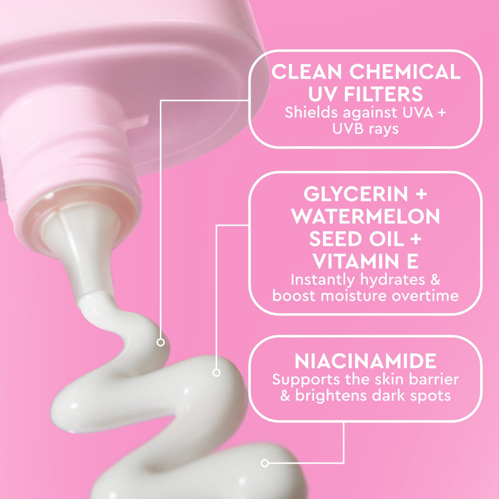 Ingredients infographic for Watermelon Glow Dew Shield SPF 30, Glow Recipe's skin-nourishing daily sunscreen.