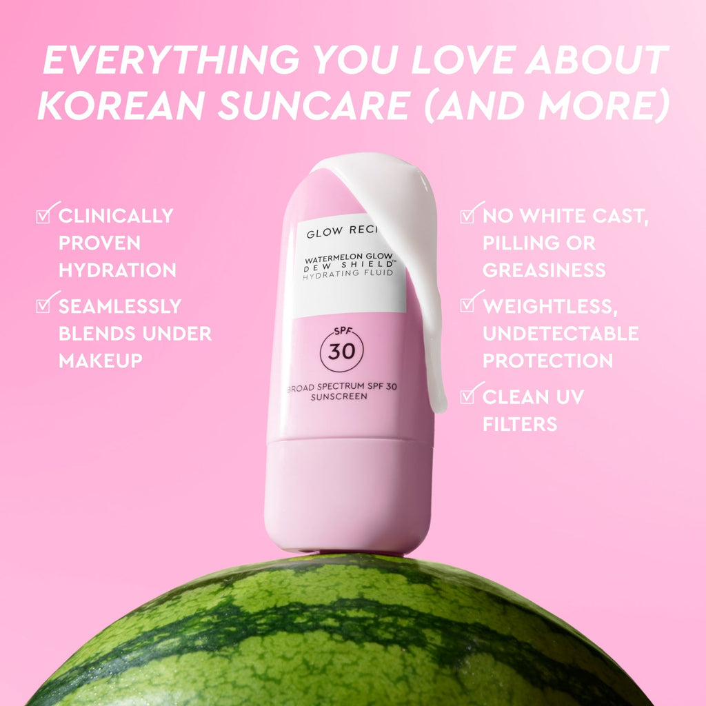 Infographic detailing the Korean skincare technology behind Watermelon Glow Dew Shield SPF 30's broad-spectrum protection.
