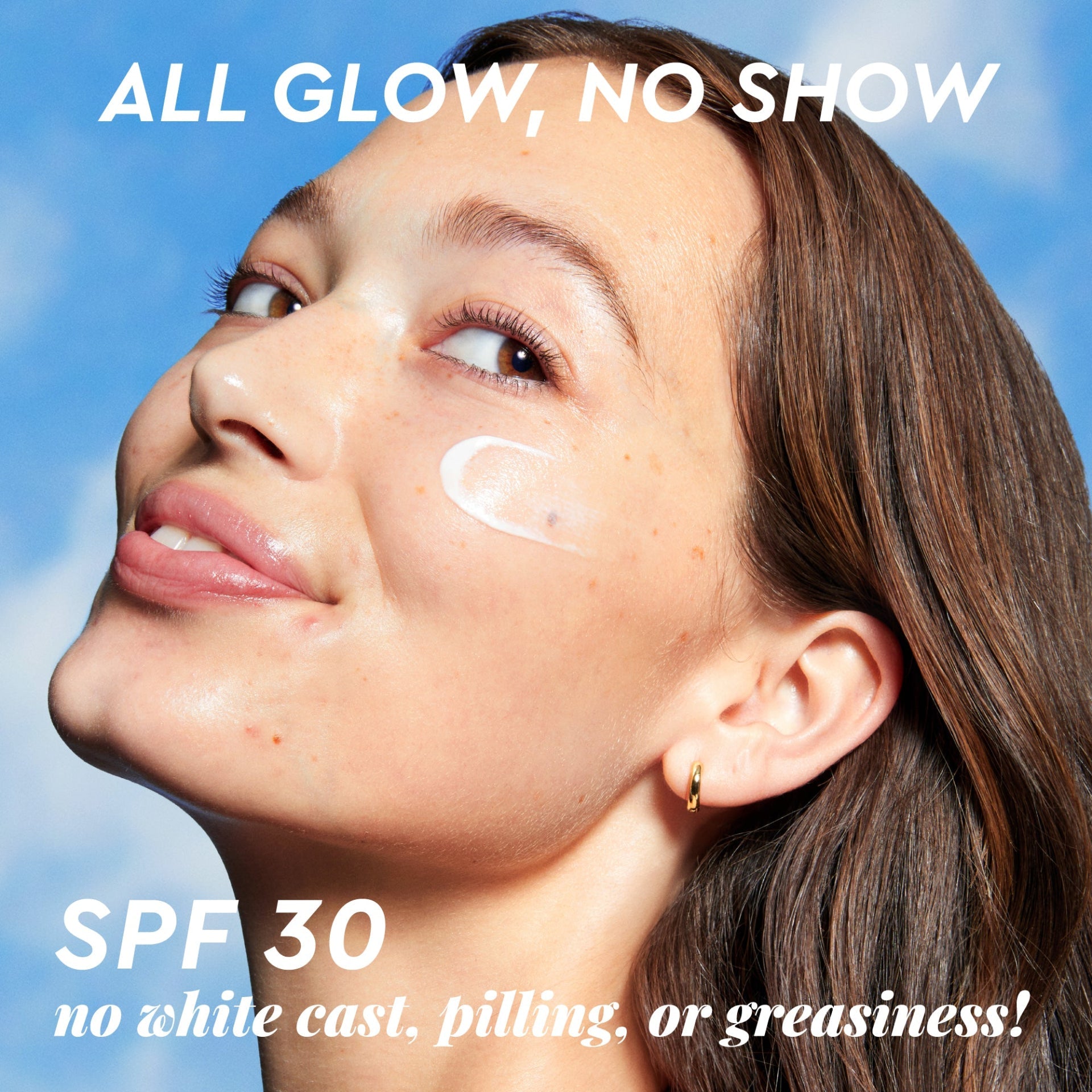 Infographic showing that Watermelon Glow Dew Shield SPF 30 leaves no white cast, even on deeper skin tones.