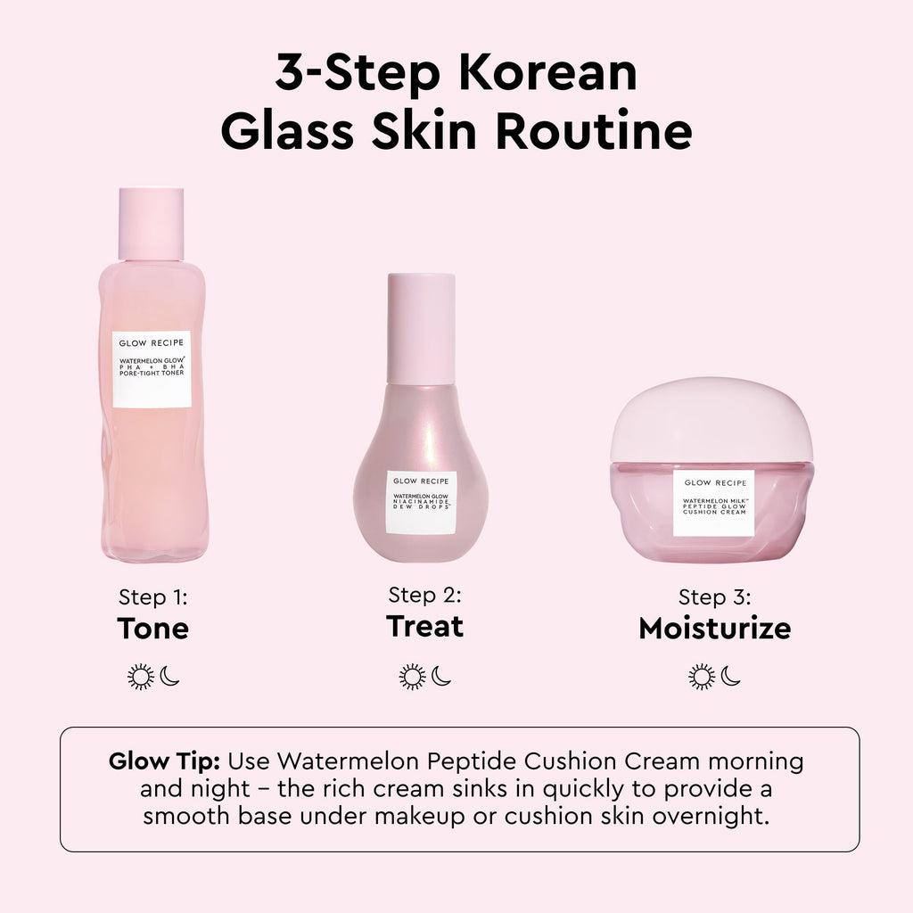 Glow Recipe Watermelon Milk Peptide Cushion Cream infographic showing the silky, breathable texture prepped for makeup