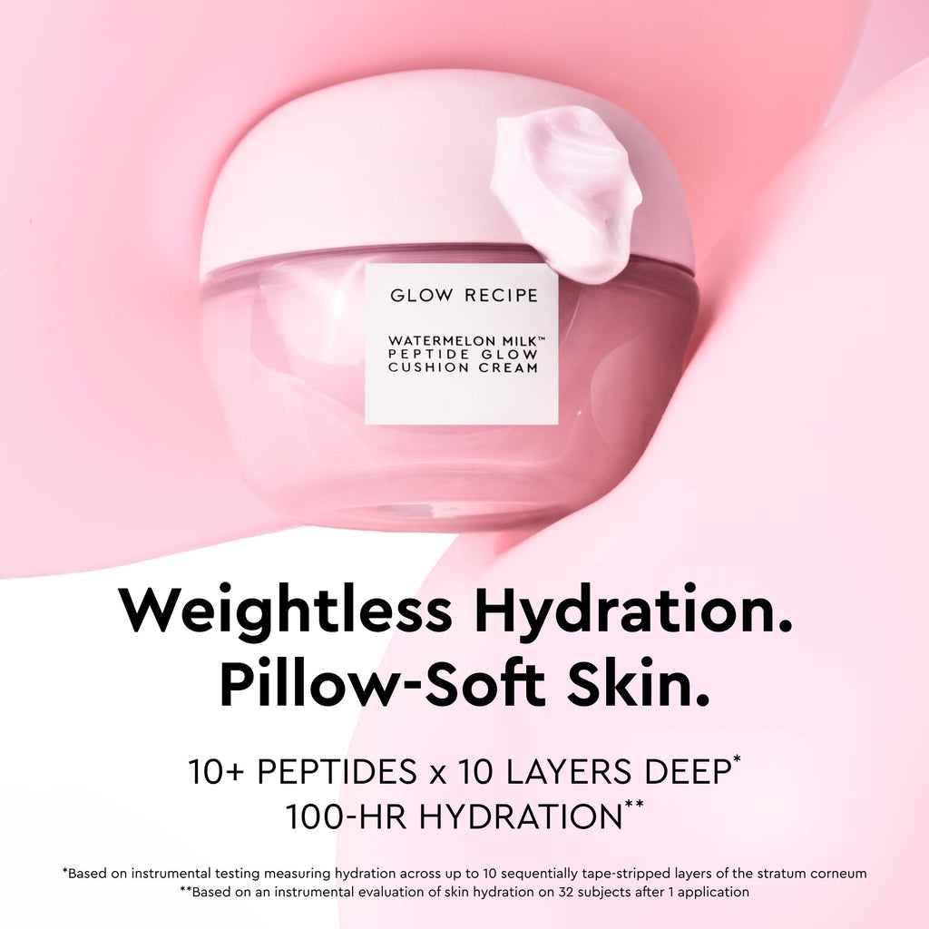 Glow Recipe Glass Skin Roll Bag Kit infographic introducing the included Watermelon Milk Peptide Cushion Cream