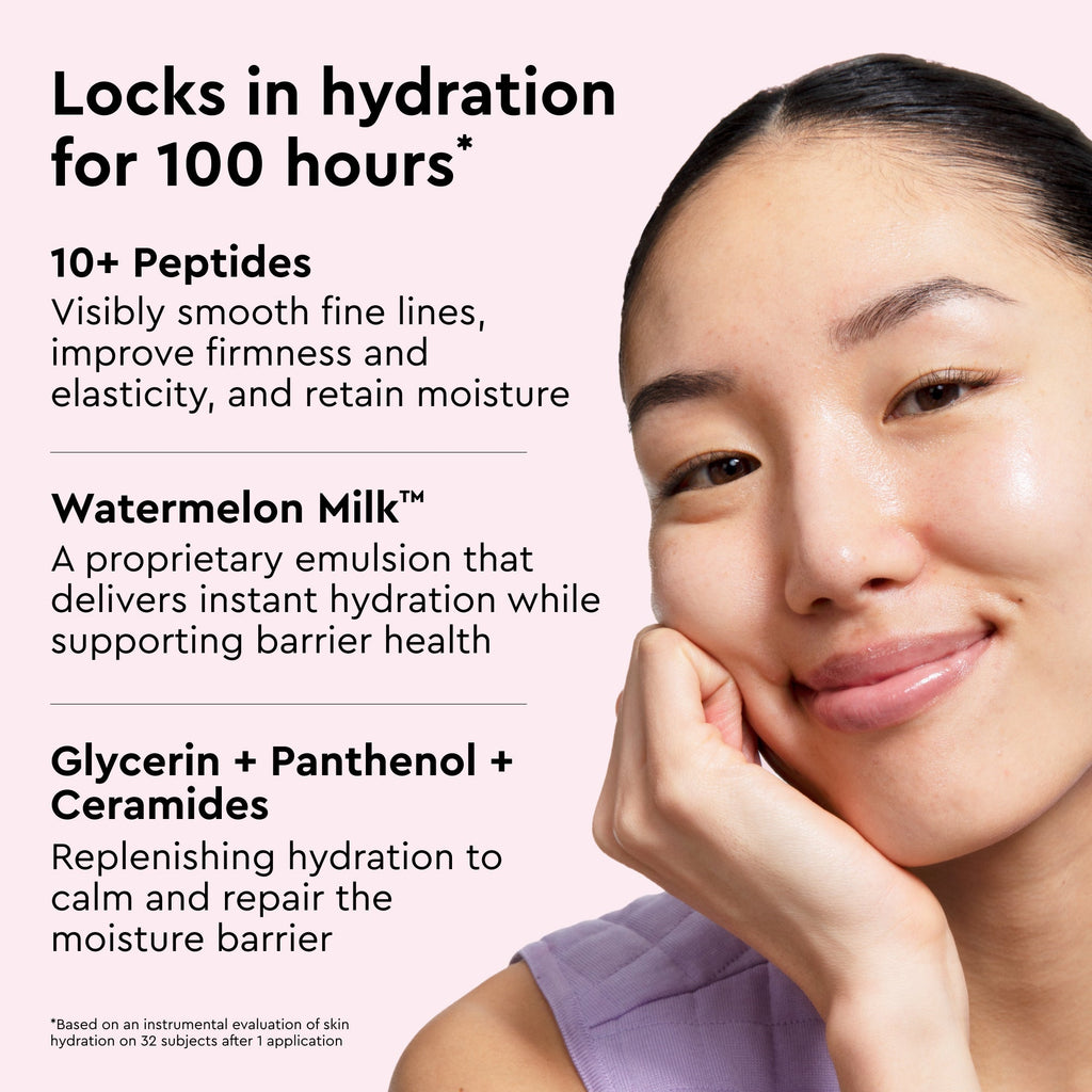 Glow Recipe Watermelon Milk Peptide Cushion Cream infographic on its 10+ peptides and Watermelon Milk hydration complex