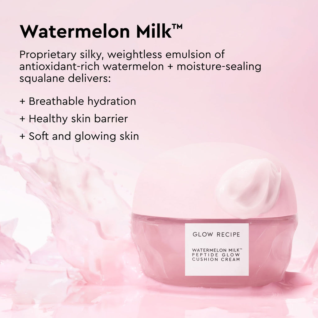 Infographic slide for the Watermelon Milk Peptide Cushion Cream Moisturizer (5ml) featured in the Glow to Go Travel Kit.