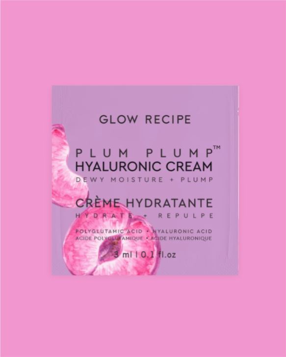 Glow Recipe Plum Plump Hyaluronic Cream packaging on a pink background